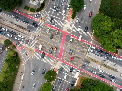 Top view famous crossing between Reboucas avenue and Brazil avenue at downtown Sao Paulo Brazil. Vehicles traffic at famous avenues at downtown Sao Paulo Brazil. Pedestrian crosswalk.
